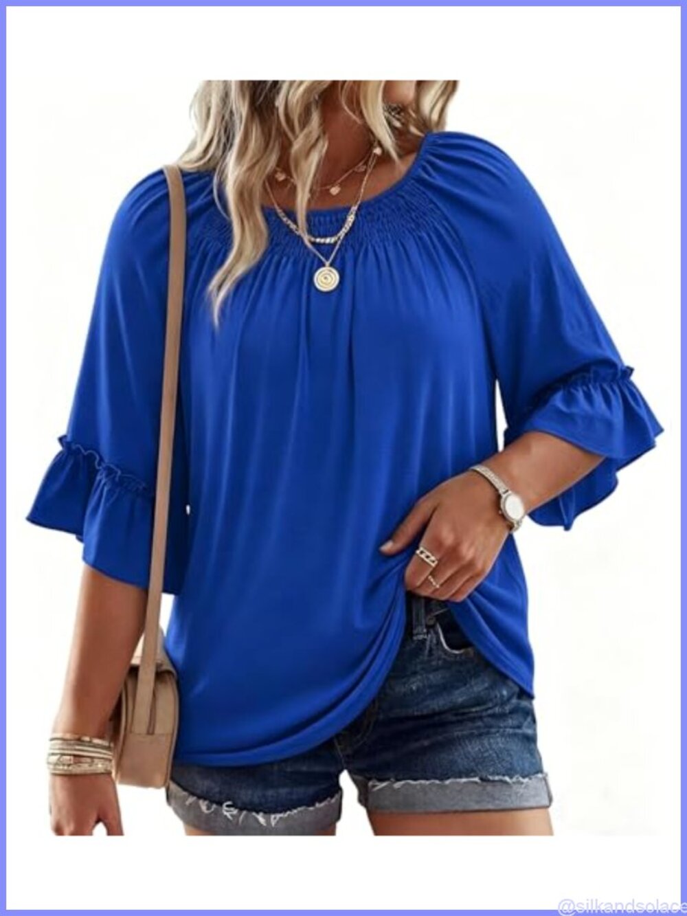 Plus Size 3/4 Ruffle Sleeve Tunic Top Pleated Crew Neck Loose Fit